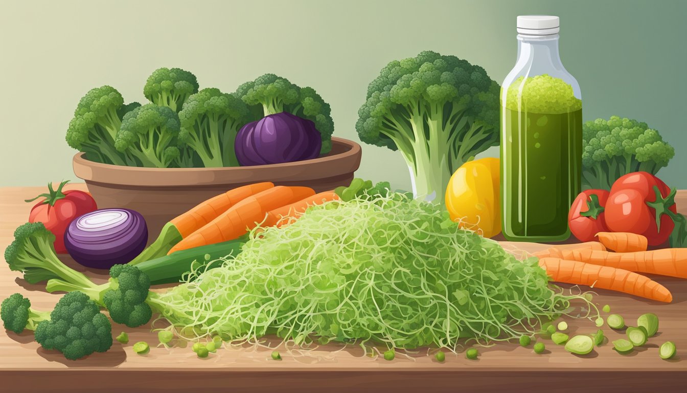 A pile of fresh broccoli sprouts sitting on a clean cutting board, surrounded by a variety of colorful vegetables and a bottle of vinegar