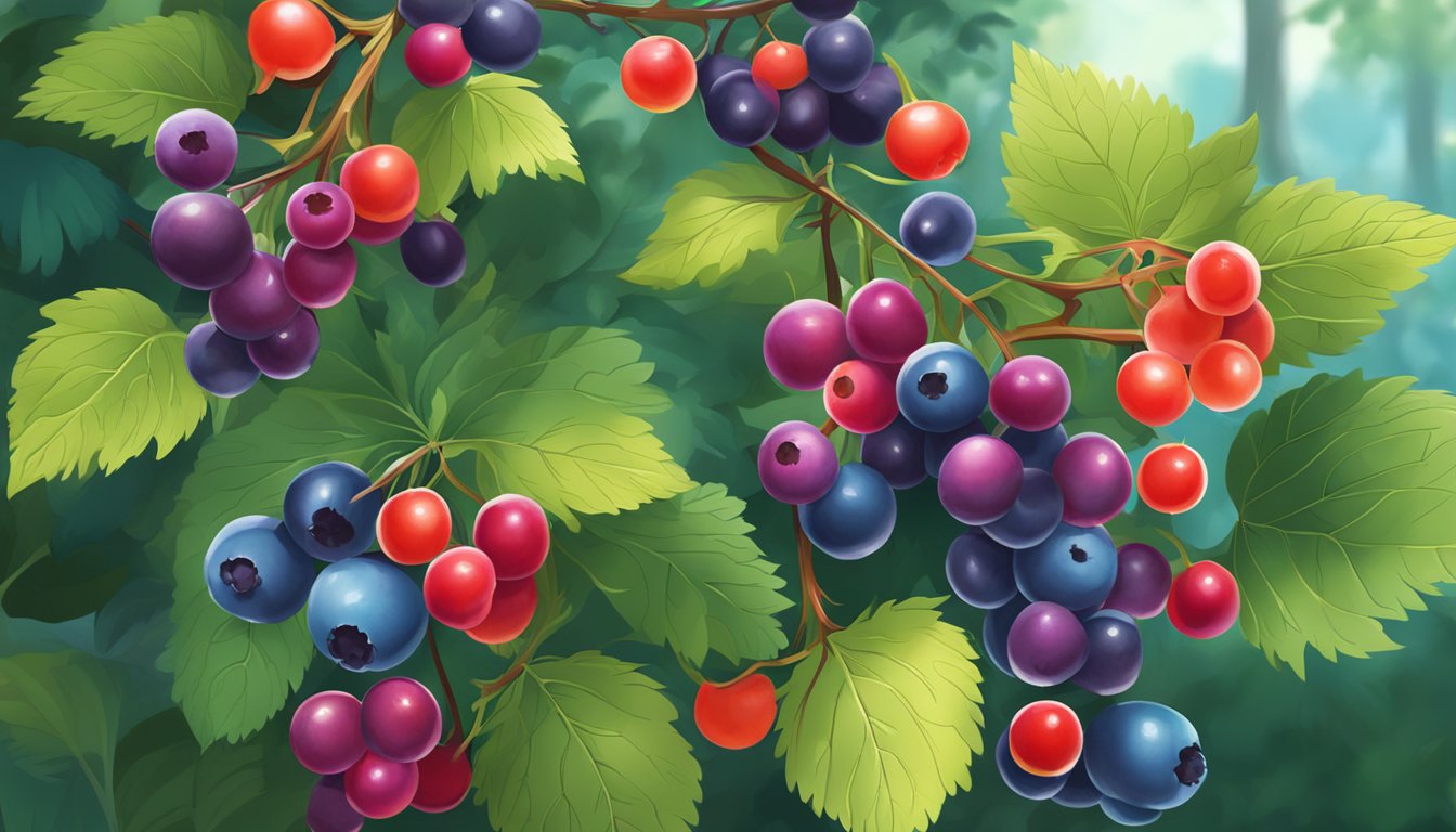 A variety of wild berries growing on bushes in a lush forest setting, with a mix of red, blue, and purple fruits