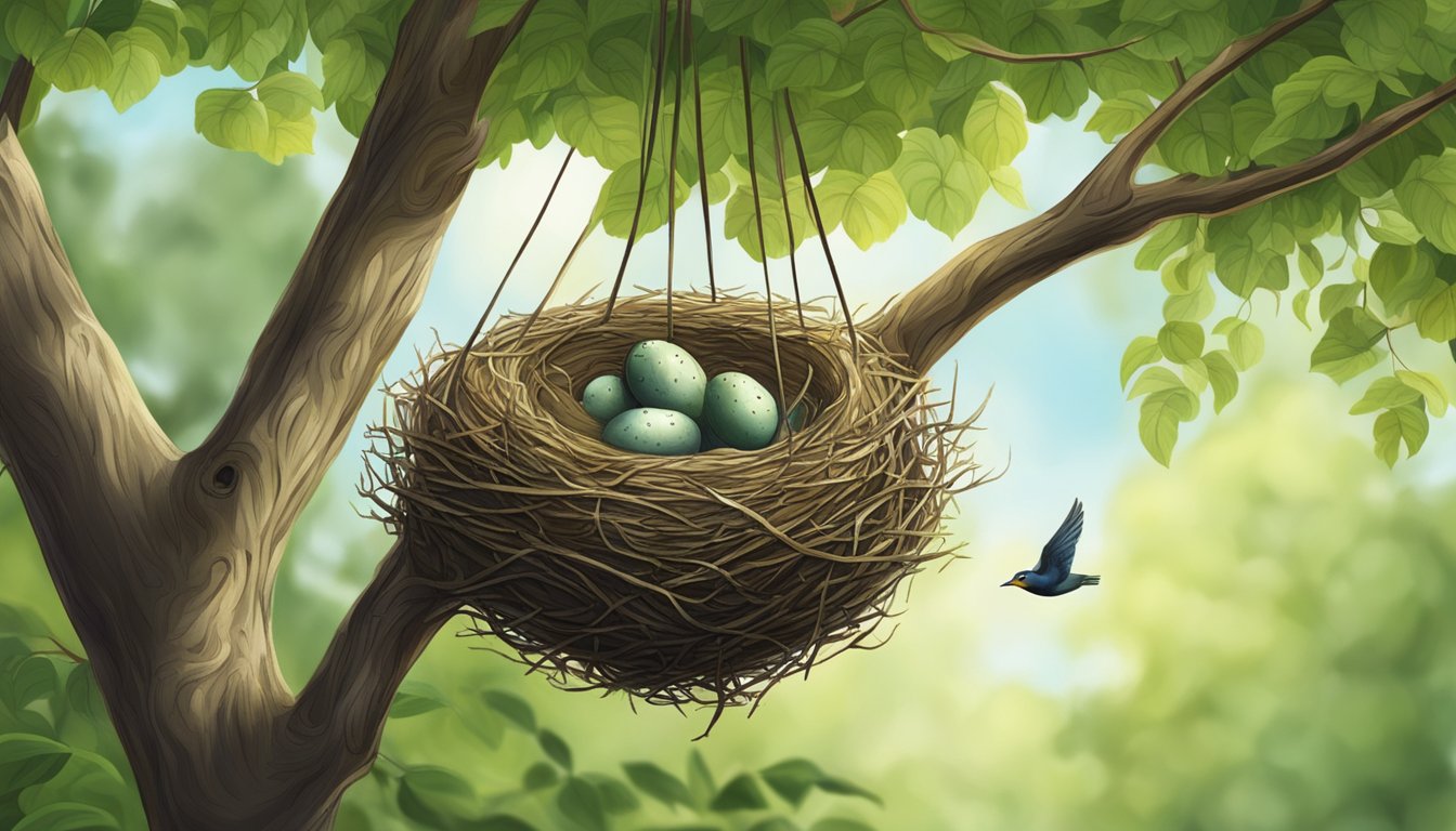 A bird's nest hanging from a tree branch, surrounded by lush green foliage and chirping birds