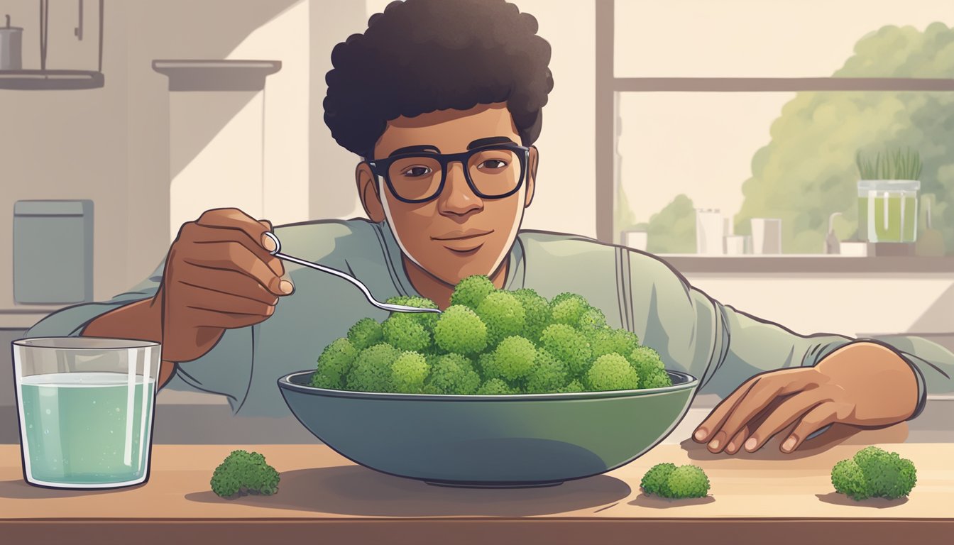 A person holding a bowl of broccoli sprouts, with a spoon and a glass of water on a table