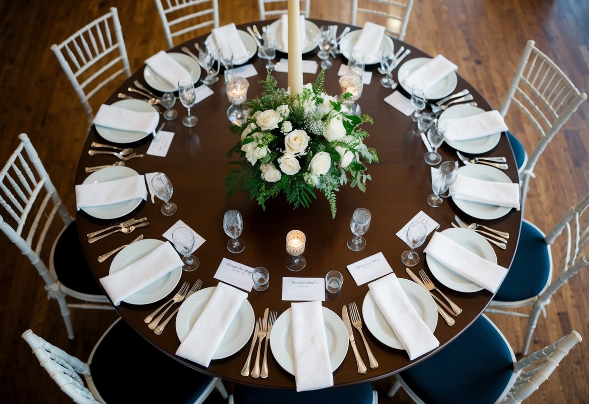 Arranging chairs around a circular table, with place settings and centerpieces