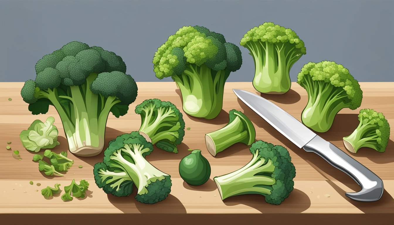 A variety of sprouts, including broccoli, arranged on a cutting board with a knife and different cooking utensils nearby