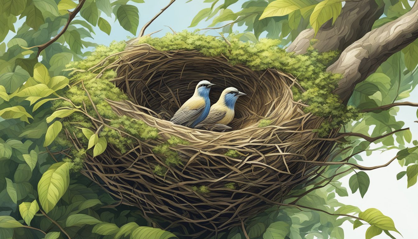 A bird's nest perched high in a tree, surrounded by lush foliage and other wildlife