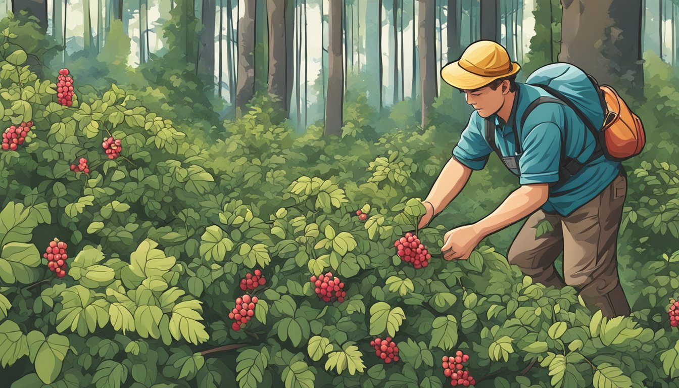 A person picking wild berries from a bush in a forest clearing