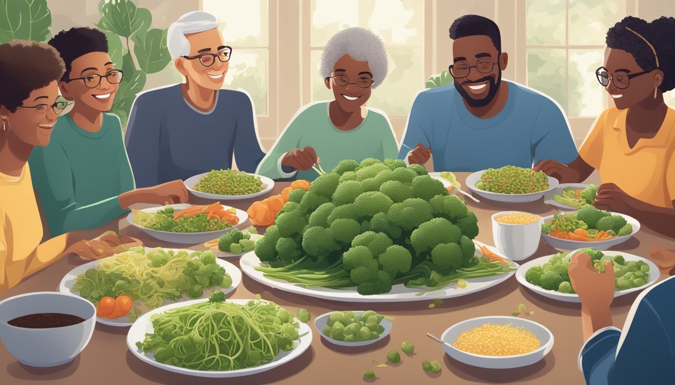 A diverse group of people of different ages and abilities enjoying a meal together, with a focus on a plate of broccoli sprouts at the center of the table