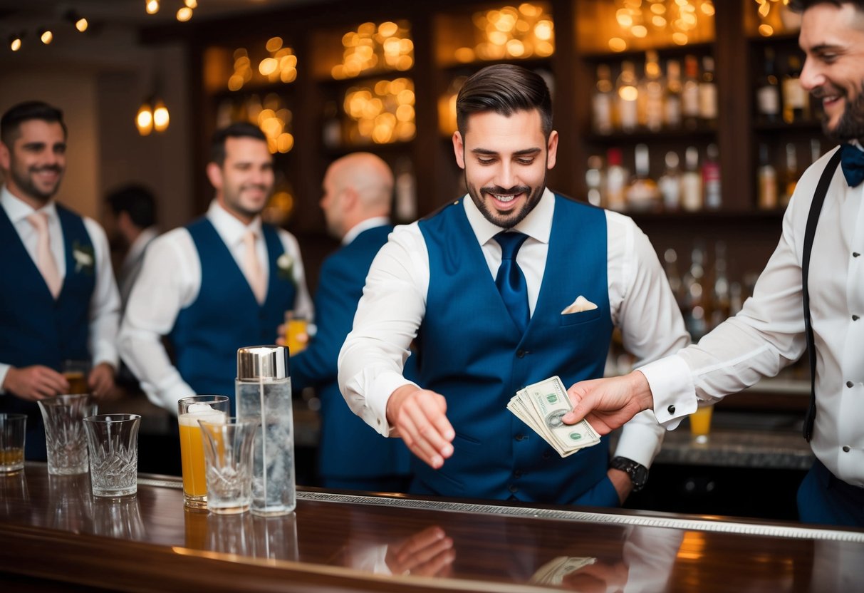 The best man hands over a wad of cash to the bartender, paying for the drinks at the bachelor party