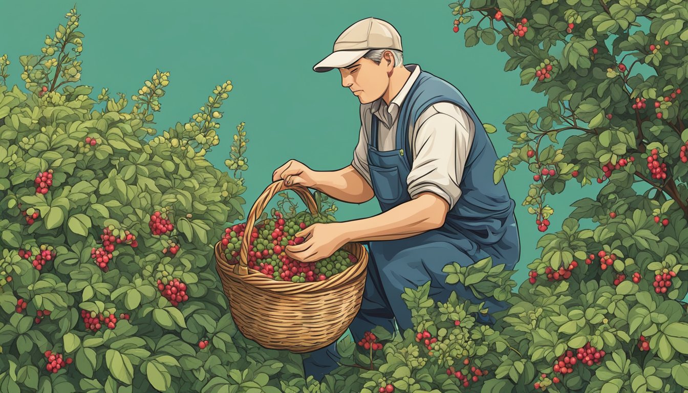 A person picking wild berries from a bush and placing them in a basket