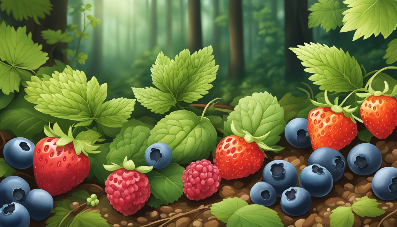 A lush forest floor with a variety of wild berries growing among the foliage, including strawberries, blueberries, and raspberries