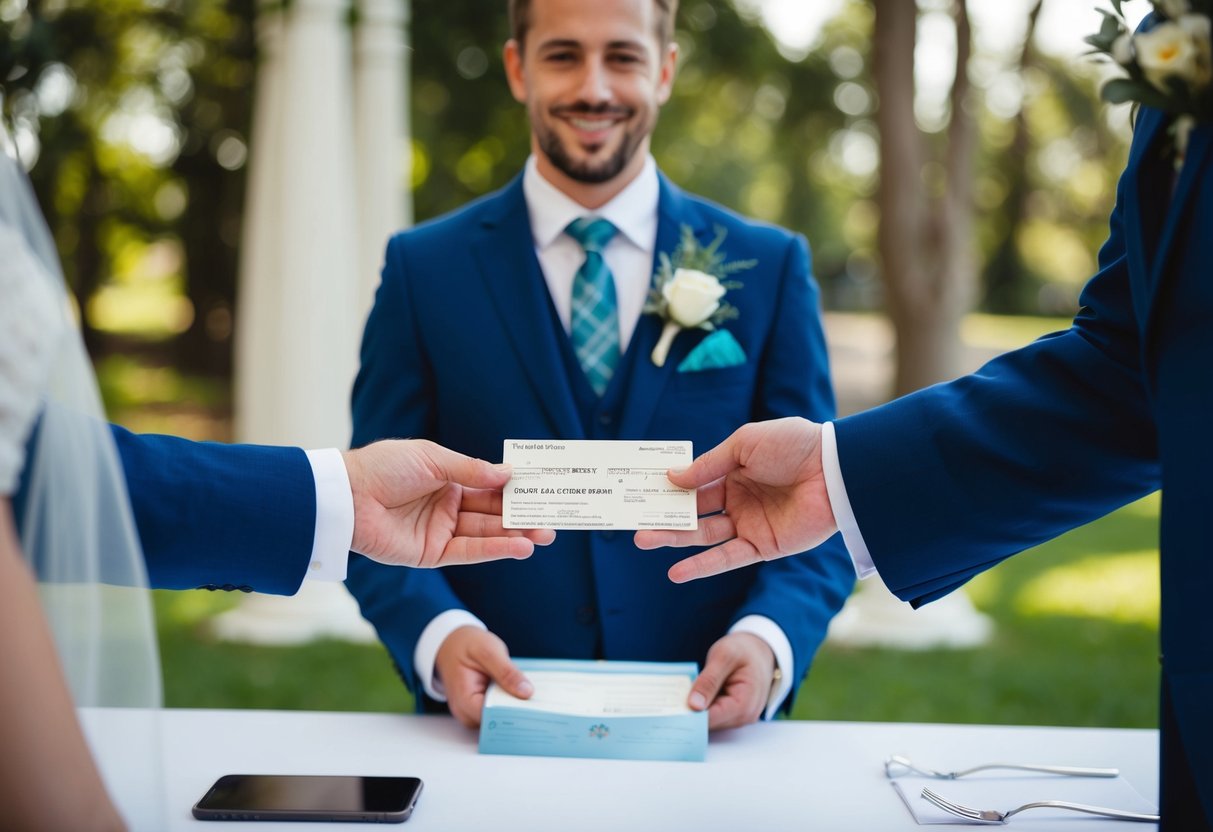 A best man hands over payment for ceremonial and day-of contributions