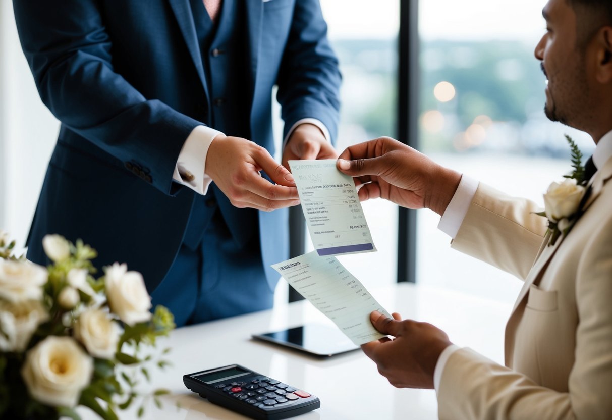 The best man hands over payment for wedding expenses to a vendor
