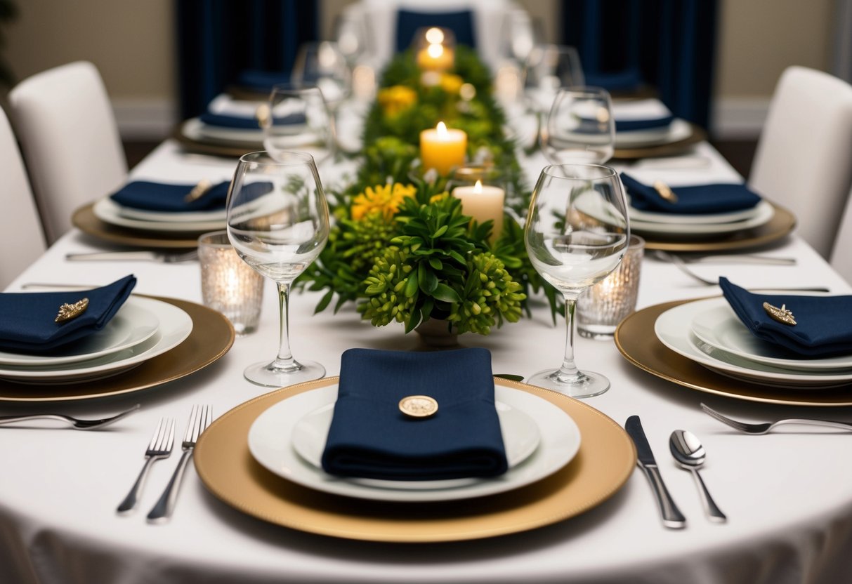A table set for a formal dinner, with place settings arranged in a balanced and orderly manner, complete with elegant tableware and tasteful decor
