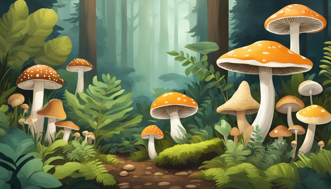 A variety of wild fungi and mushrooms growing in a lush forest setting, with different shapes, sizes, and colors