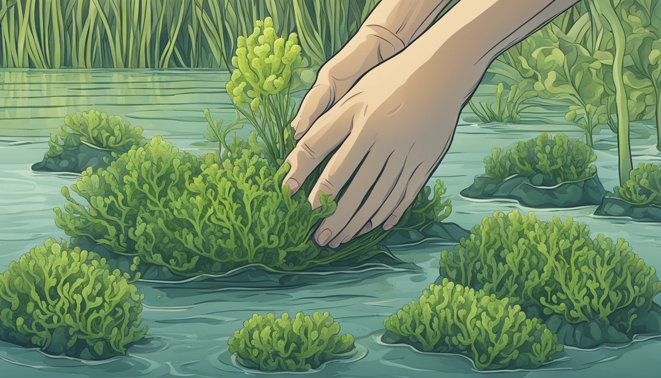 A person holding a bunch of wild algae, examining it closely