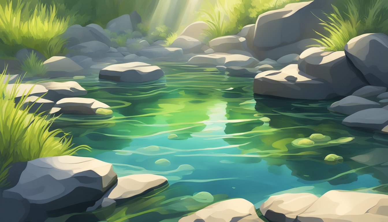 A clear, shallow pool of wild algae surrounded by rocks and sunlight