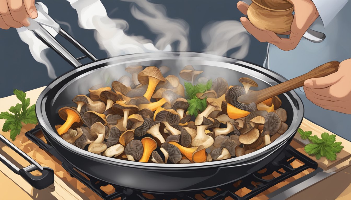 A chef sautés a variety of wild mushrooms in a sizzling pan, releasing a fragrant aroma