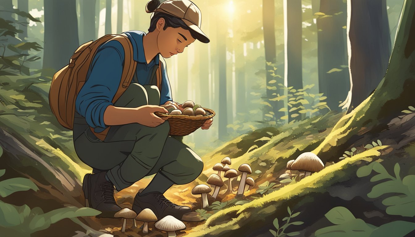 A person gathering wild mushrooms in a forest, carefully inspecting each specimen before placing it in a basket. The sunlight filters through the trees, casting dappled shadows on the forest floor