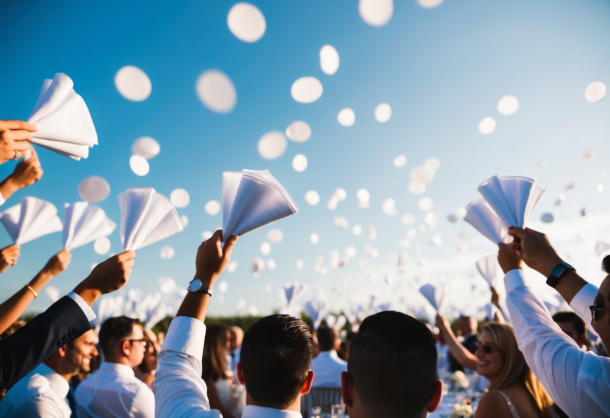 Guests wave napkins at a wedding, creating a sea of white in the air. The joyful motion symbolizes celebration and unity