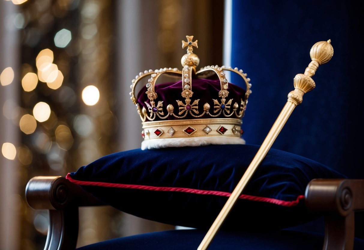 A crown placed above a throne, with a scepter resting beside it on a velvet cushion