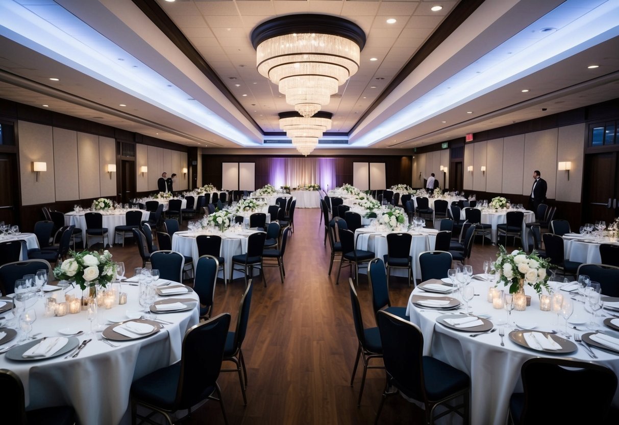 A large banquet hall with rows of round tables, each set with elegant place settings and centerpieces, accommodating 200 guests at a wedding celebration