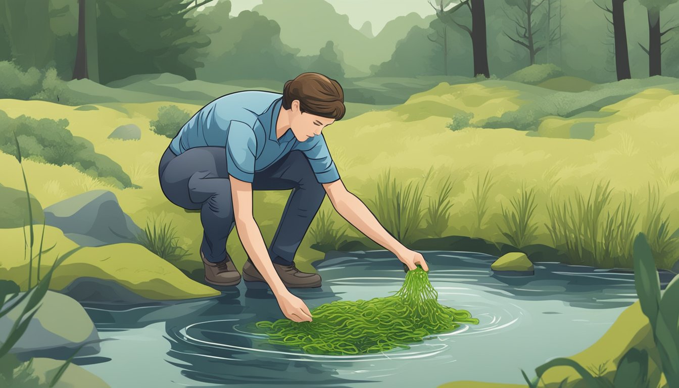 A person collecting wild algae from a clear, shallow stream, carefully inspecting it before placing it in a basket