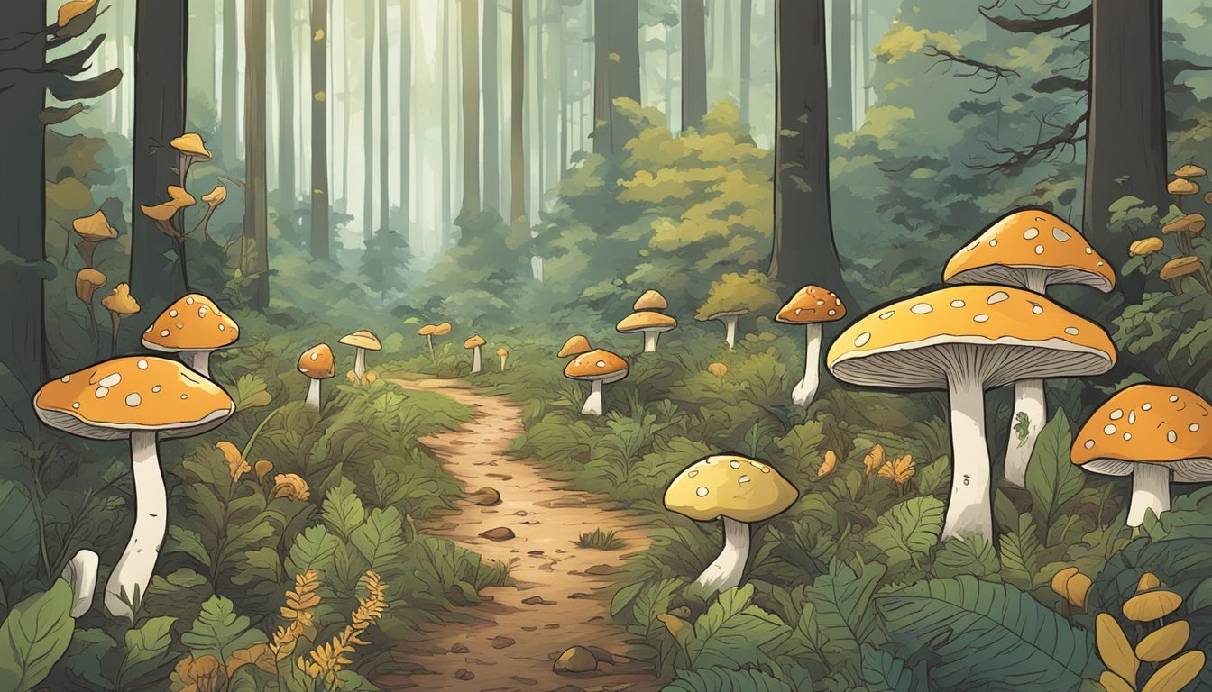 A serene forest clearing with various wild fungi growing on the forest floor, surrounded by caution signs and a person holding a guidebook on wild mushrooms