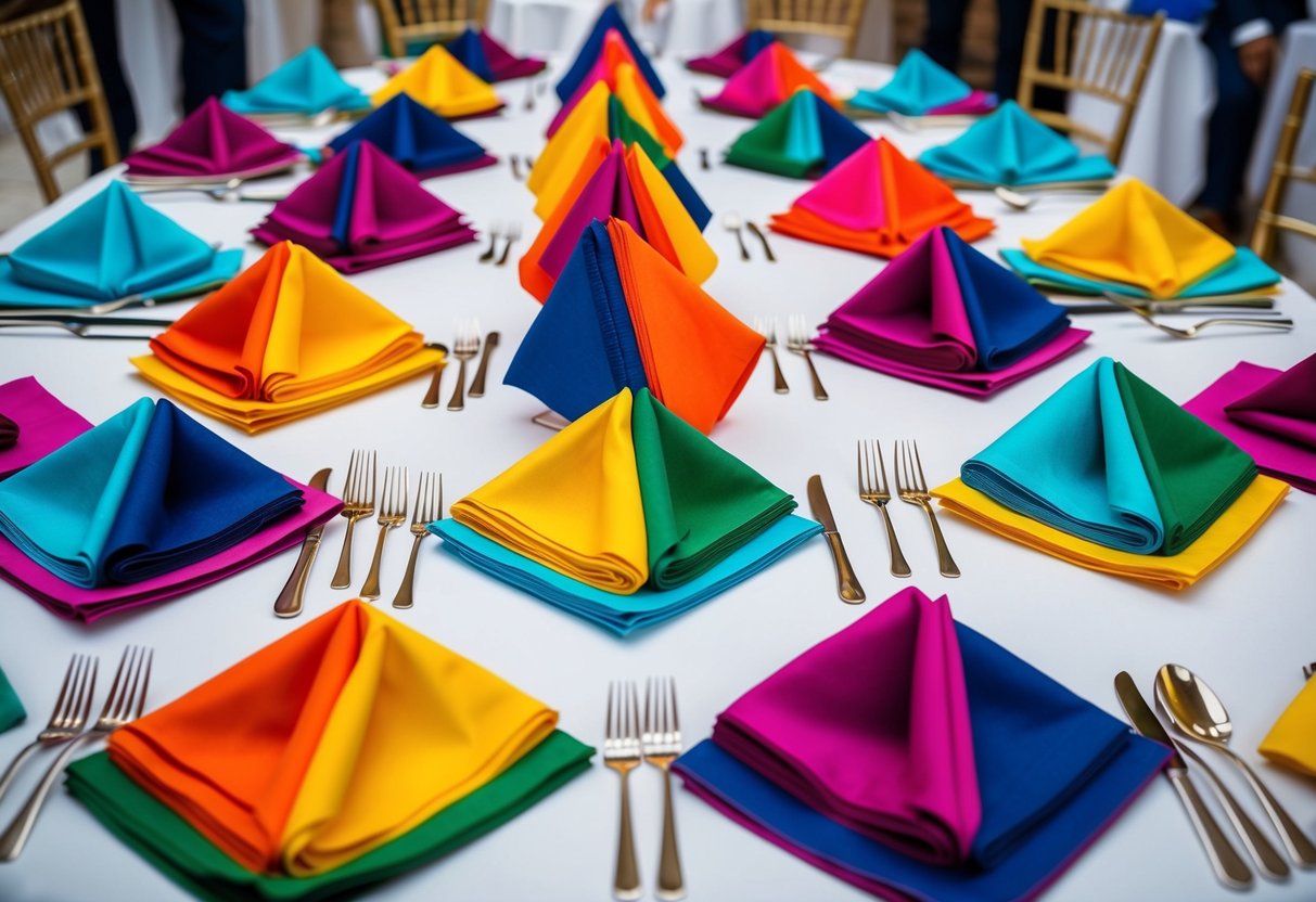 A table set with colorful napkins, arranged in a rhythmic pattern, symbolizing cultural expression and celebration at a wedding