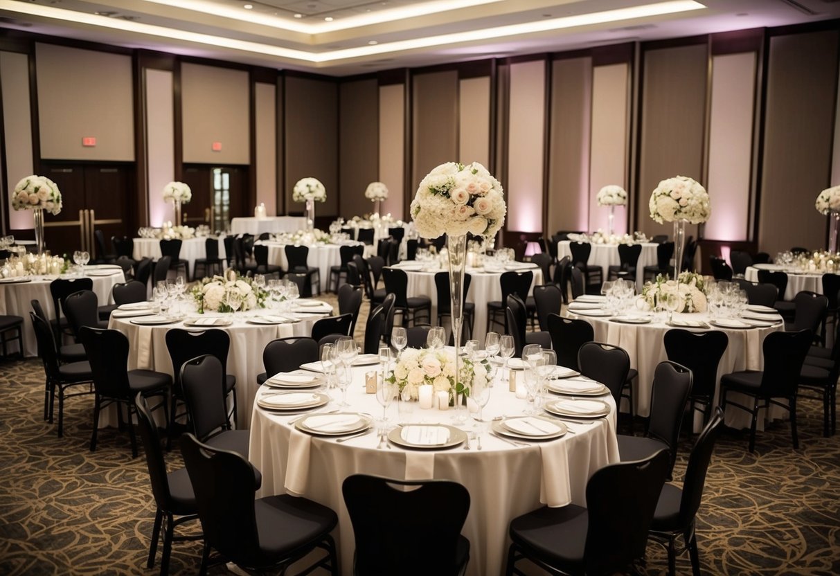 A large event space with 25 round tables set for a 200-person wedding, each adorned with elegant linens and centerpieces