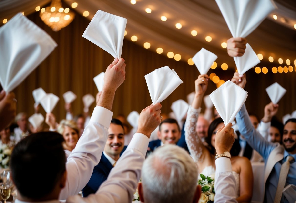 Guests wave napkins in the air, creating a sea of white fabric, symbolizing unity and celebration at a wedding reception