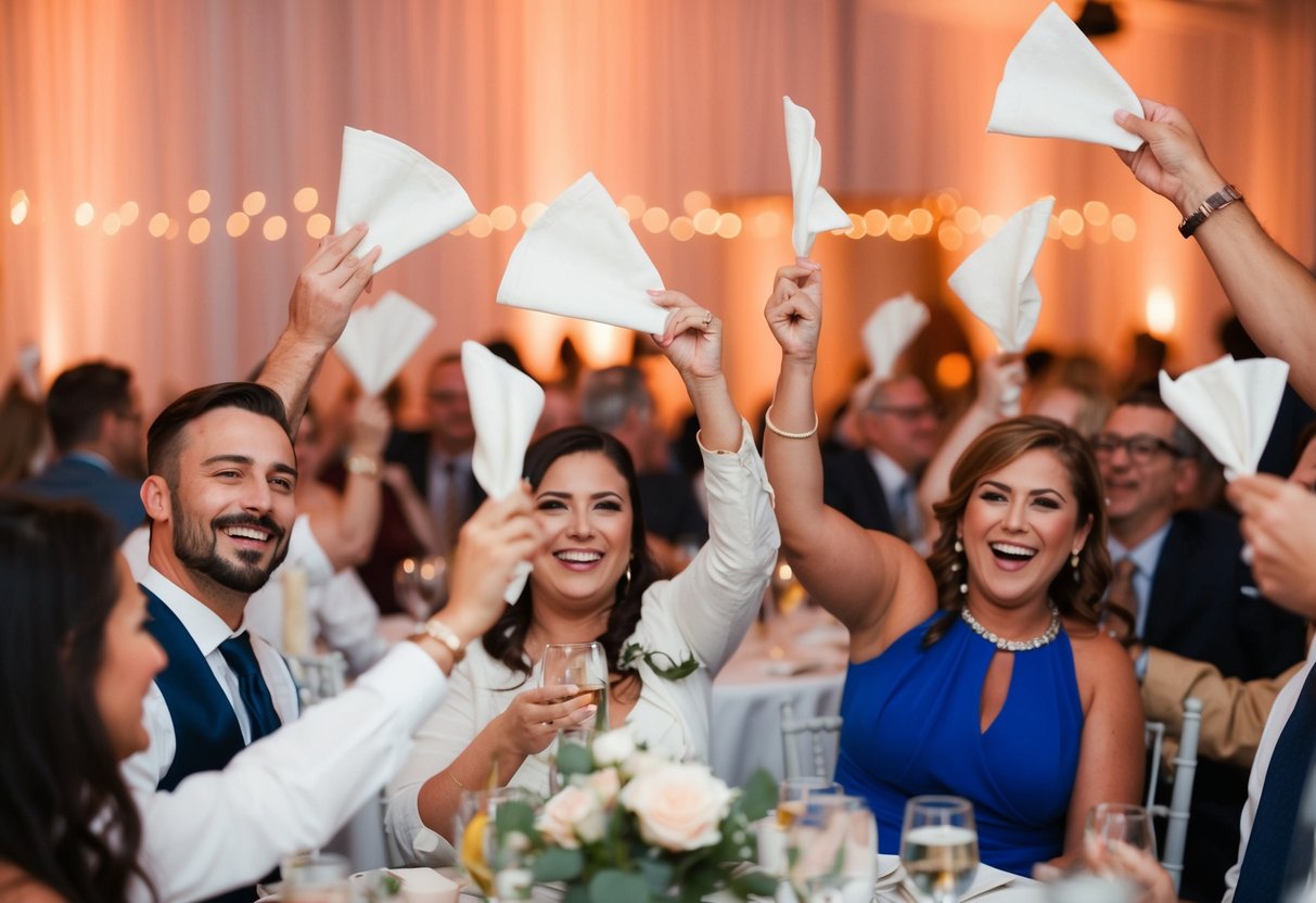 Guests waving napkins in the air at a wedding reception with joy and celebration