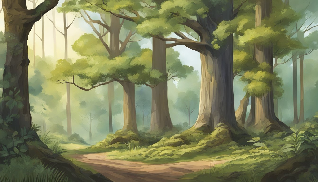 A woodland scene with a variety of tree species, focusing on the texture and appearance of their bark