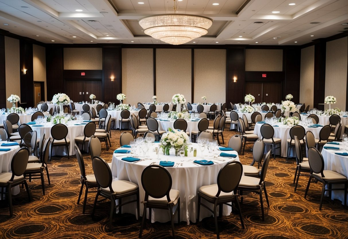 A spacious banquet hall with 20 round tables adorned with elegant tablecloths and centerpieces, ready for a 200-person wedding celebration