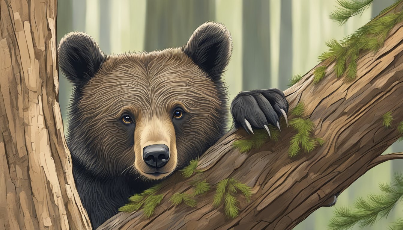 A bear cub eagerly nibbles on a piece of rough, textured tree bark, surrounded by the sights and sounds of the forest