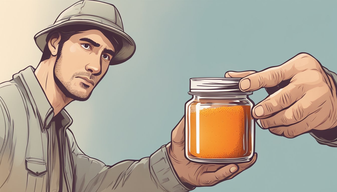 A hand holding a jar of chili powder with a faded expiration date. A concerned expression on the face of the person inspecting the jar