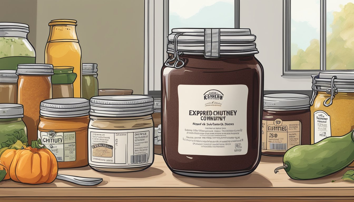 A jar of expired chutney sits on a kitchen counter, surrounded by other condiments. The expiration date is clearly visible on the label