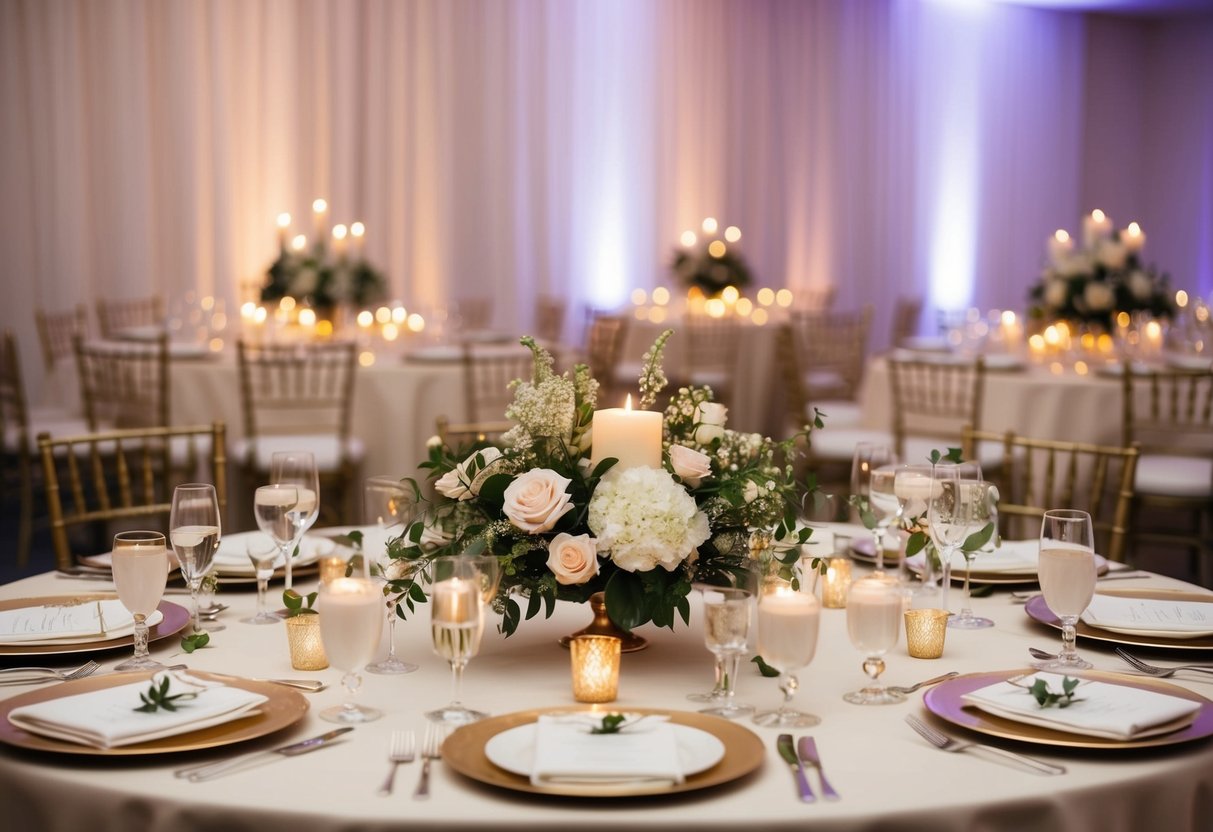 A beautifully decorated top table at a wedding reception, with elegant place settings, floral centerpieces, and soft candlelight creating a romantic atmosphere