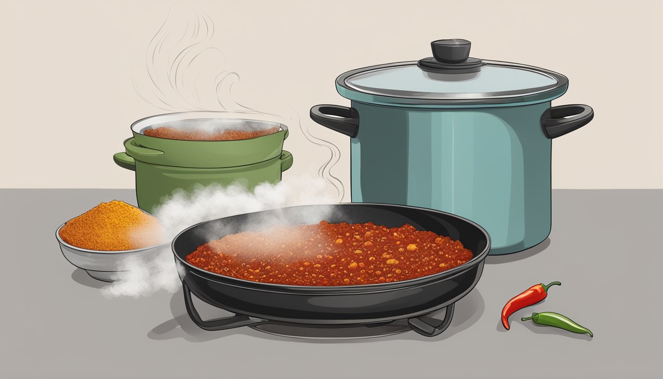 A pot of chili simmers on a stovetop. A cloud of stale chili powder hovers over the pot, with a wrinkled container nearby