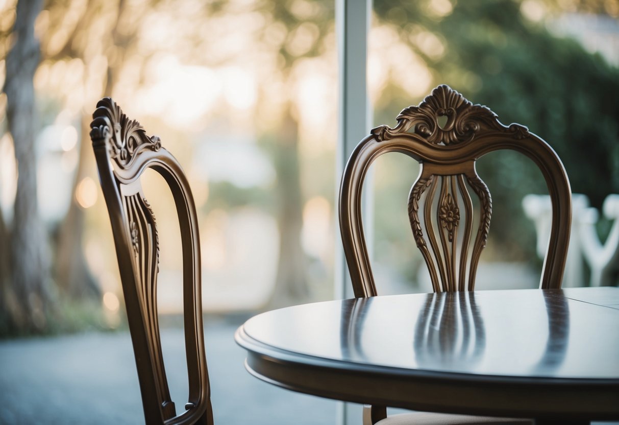 A dining table with two chairs, one slightly larger and more ornate than the other. The larger chair is placed at the head of the table, while the smaller chair is positioned to the side