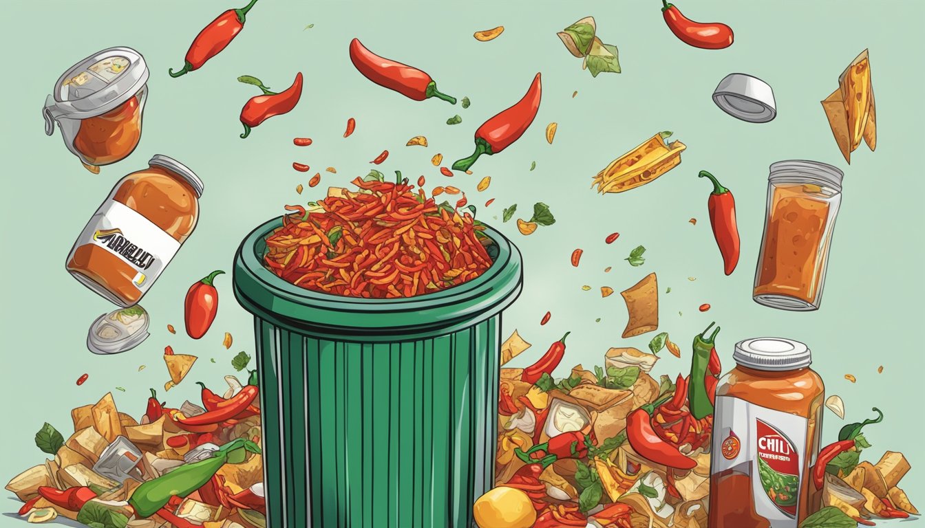 A jar of expired chili sauce being thrown into a trash bin, surrounded by other discarded food items