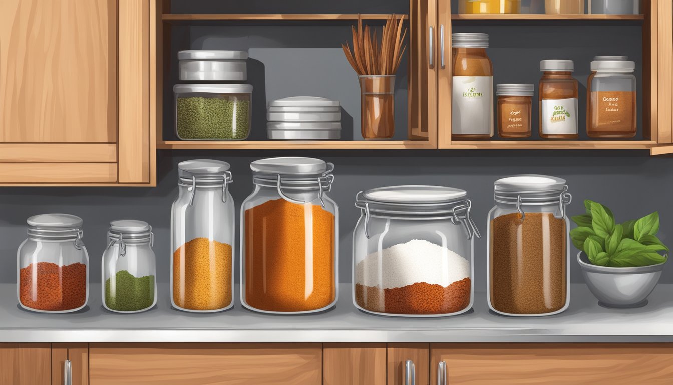 A kitchen cabinet with an open container of expired chili powder next to fresh spices