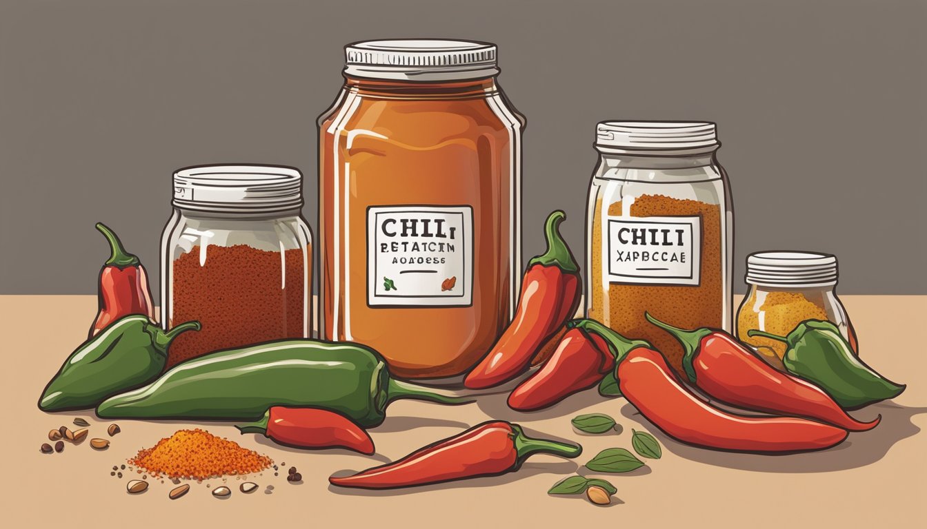 A jar of commercial chili sauce sits next to a homemade batch. Both are surrounded by a variety of chili peppers and spices. The expiration date on the commercial jar is visible