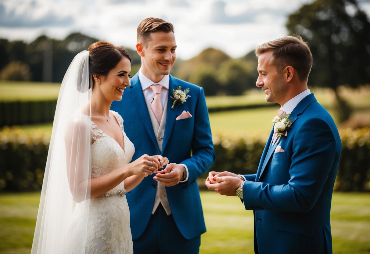 A well-dressed figure stands beside the groom, holding the wedding rings