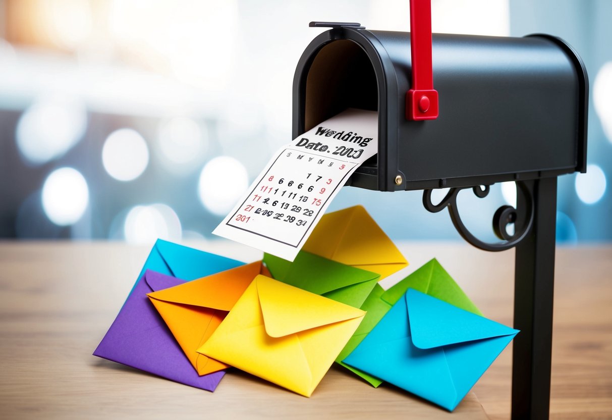 A calendar with the wedding date circled and surrounded by colorful envelopes being dropped into a mailbox