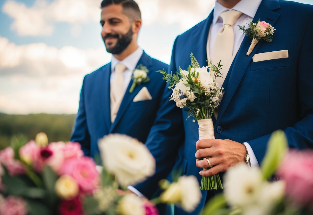 A suited figure holding a bouquet, standing next to the groom