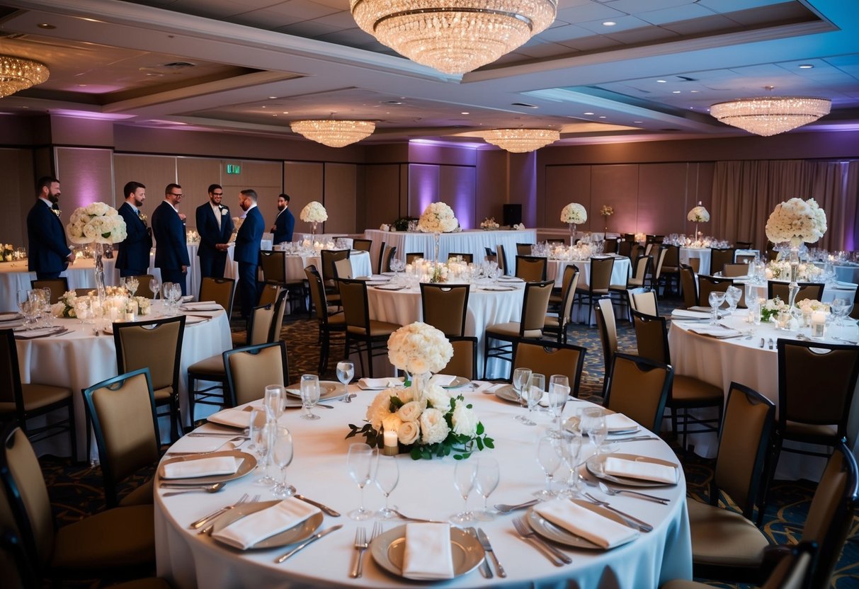 A wedding reception with separate tables for the wedding party and guests