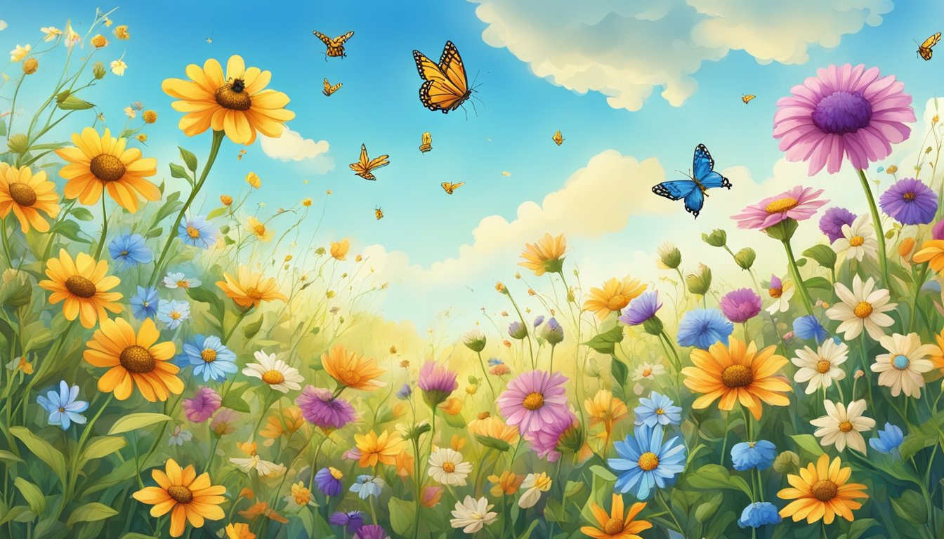 A field of colorful wild flowers surrounded by buzzing bees and fluttering butterflies, with a clear blue sky overhead