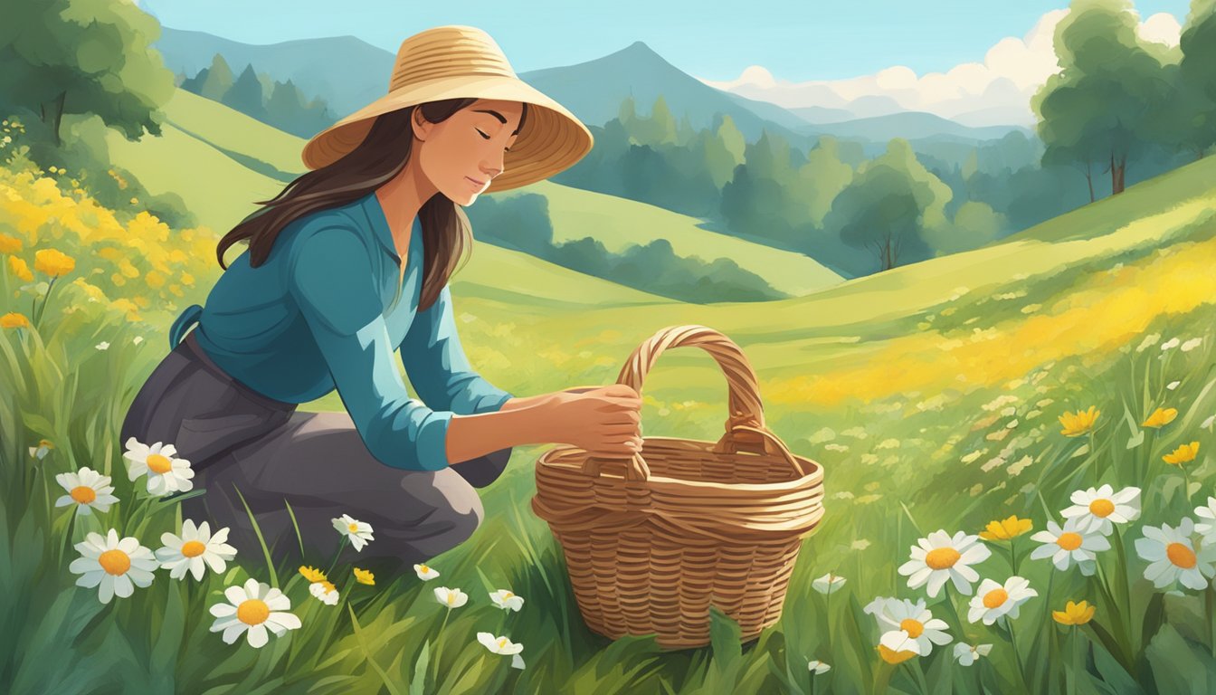 A person gathering wild flowers in a lush meadow, carefully inspecting each bloom before placing it in a woven basket