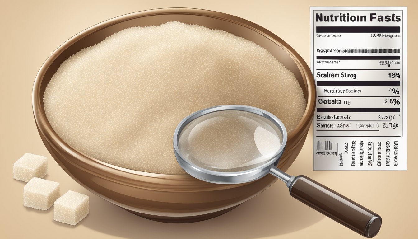 A bowl of raw sugar next to a nutritional label, with a magnifying glass examining the details