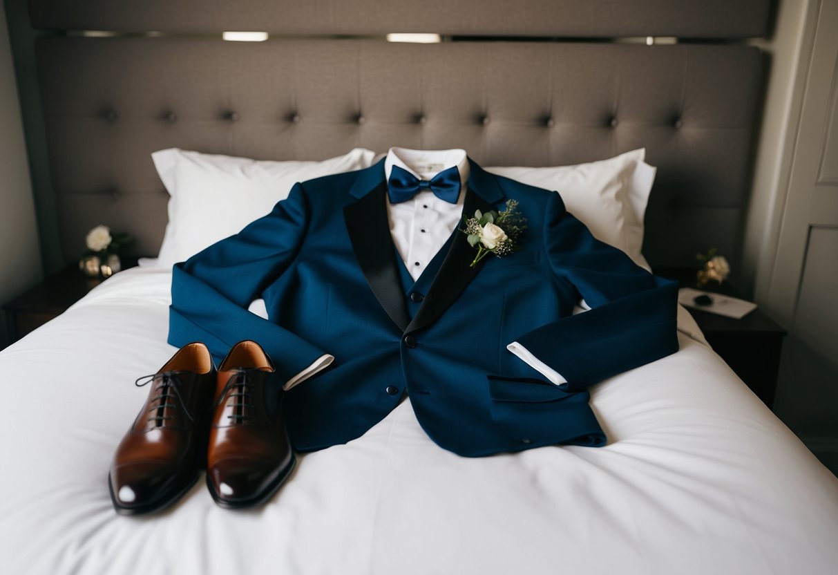 A tuxedo jacket and a bow tie laid out neatly on a bed, with polished shoes and a boutonniere nearby