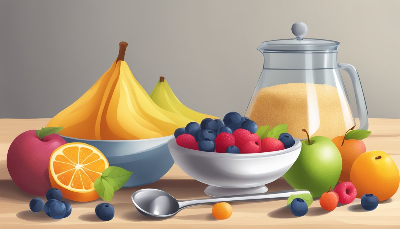 A table with a bowl of raw sugar, a measuring spoon, and a pile of fruit