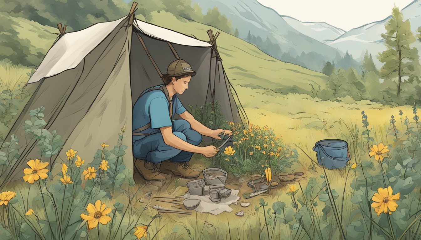 A person foraging wildflowers, examining them closely for edibility, with a makeshift shelter and survival tools in the background